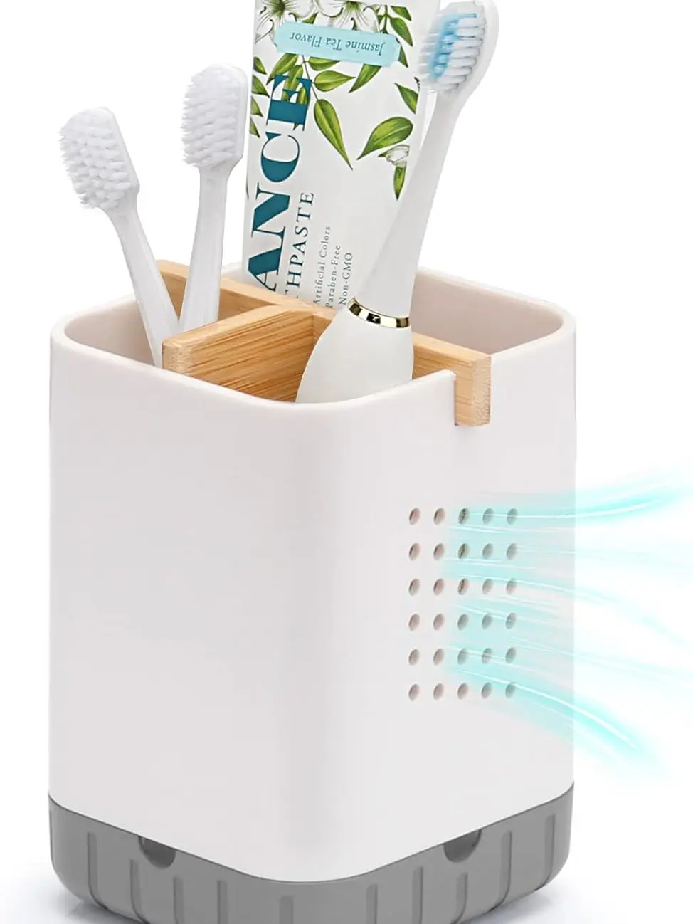 French Country Style Bathroom Toothbrush & Toothpaste Organizer - Bamboo Divider, Plastic Detachable Anti-Slip Rubber Caddy, Water Draining, Multi-Section Compact ABS Desk Storage for Family Countertops, Breathable Design