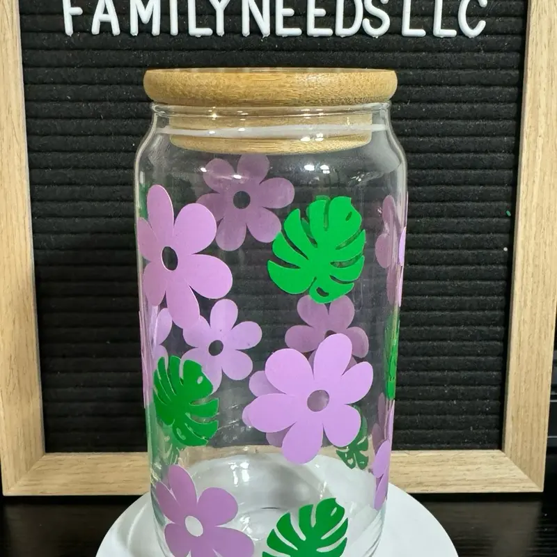 16oz Glass Cup Purple Floral Design with Green Leaves Drinkware