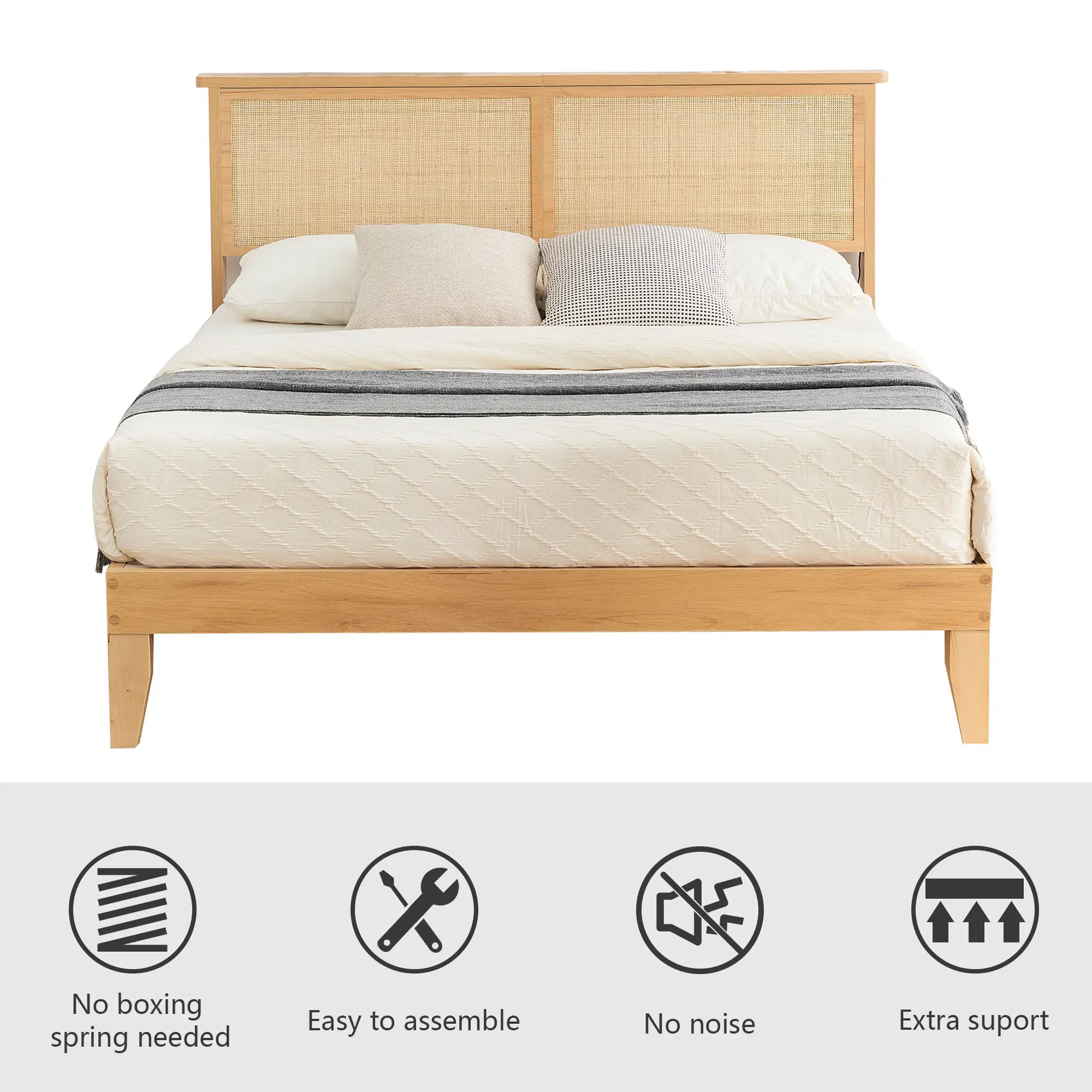 Garvee Queen Size MDF-Rattan Square Bed Frame - Durable Construction, Stylish Design, Easy Assembly, Eco-Friendly Materials, Comfortable Support, Queen Size Bed