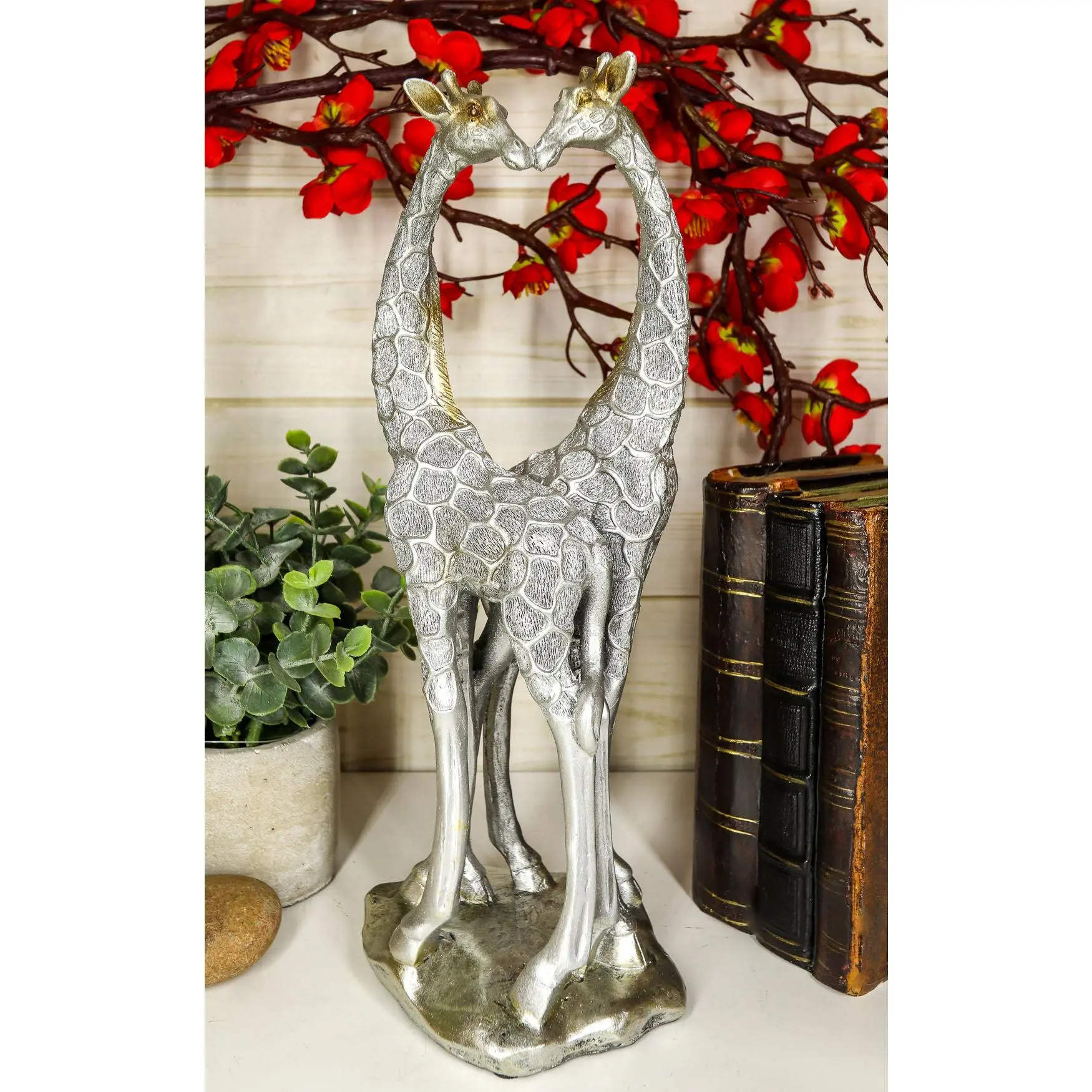 Ebros Large Metallic Silver Heart Shape Love Theme Giraffe Couple Sculpture, 12.5in Tall Composite Resin Hand-Painted Safari Figurine, Home Decor for Valentine's Day Gift
