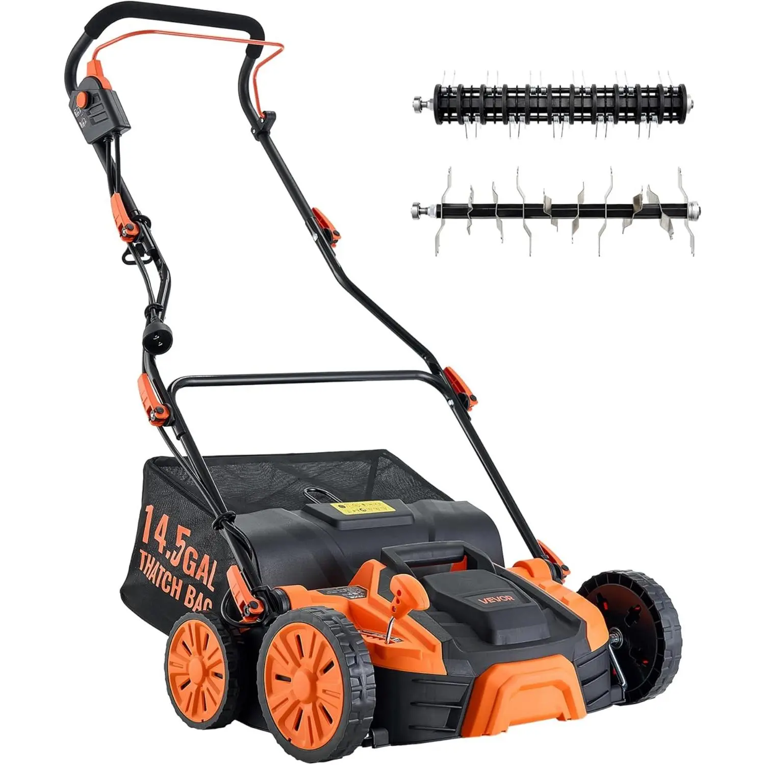 VEVOR 2-in-1 Electric Dethatcher and Scarifier, 16-Inch 15 Amp, Corded Lawn Dethatcher with 14.5-Gallon Thatch Collection Bag, 5-Position Depth Adjustment, Walk Behind Machine for Garden Yard Grass