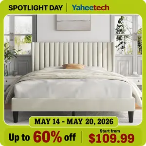 Yaheetech Linen Fabric /Velvet Upholstered Bed Frame Full/Queen/King with Wooden Slat Support, No Box Spring Needed, Durable Construction, Easy Assembly Furniture Bedroom Beige Headboard summervibes