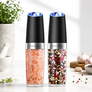 2Pack Gravity Electric Salt and Pepper Grinder Set - Automatic One-Hand Mill, Battery Powered, LED Light, Adjustable Coarseness, Large Capacity