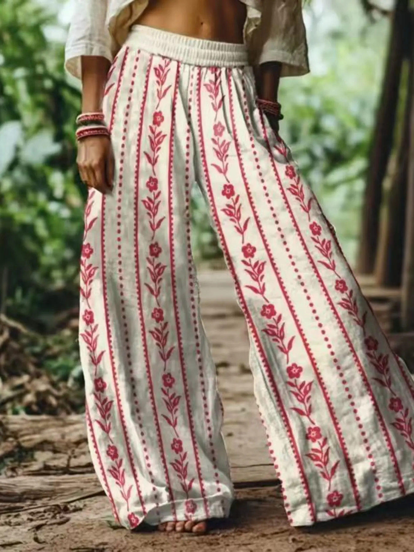 Women's Boho Bohemian Floral Print Casual Long Wide Leg Elastic Pants, Comfortable Breathable Fabric, Ideal for Vacation, Home, Daily Wear, Suitable for Spring Summer Fall