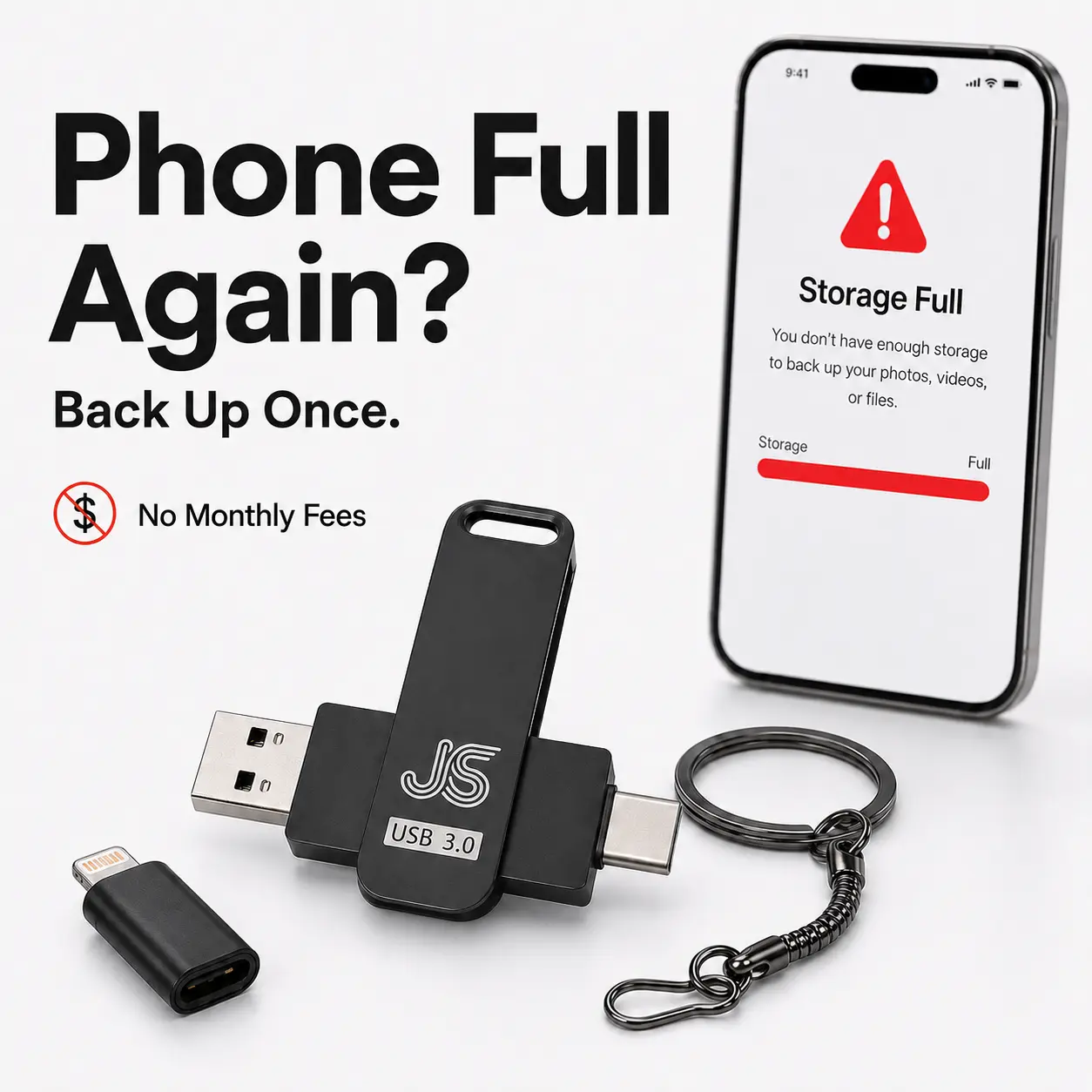 3-in-1 USB 3.0 High-Speed Metal Flash Drive, Zinc Alloy Photo Stick with Lightning, USB-C & USB-A, External Storage for Photo & Video Backup, Compatible with iPhone, iPad, Android & PC, Plug and Play for Multiple Devices