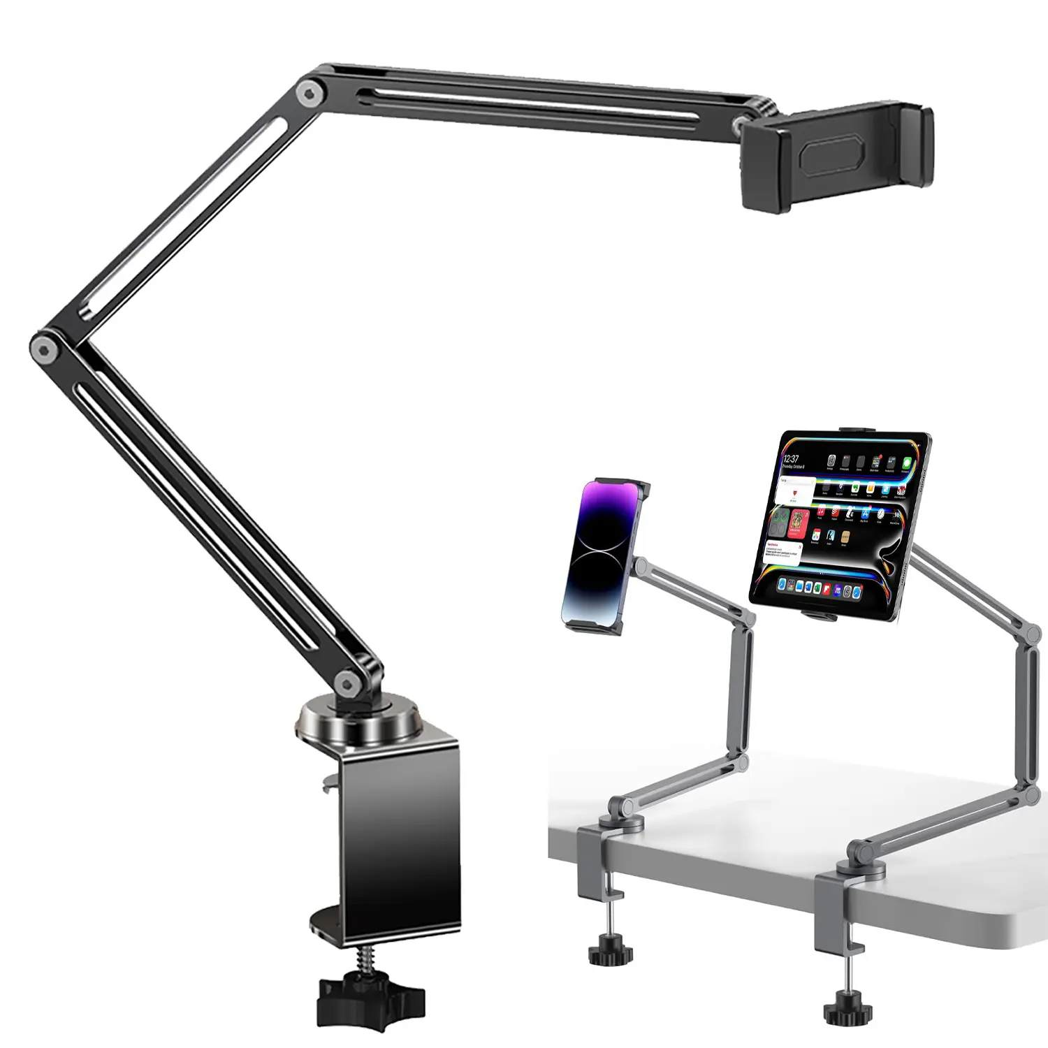 Aluminum Alloy Grips Foldable Arms Tablet Stand Phone Holder iPad Holder for Desk Mount, Heavy Duty Clamps Kindle Holder for Bed Gooseneck Phone Tablet Holder Mount Phone Stand fits for iPhone iPad Mini 7 Kindle 4-13" Device