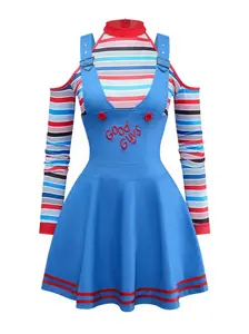 BLUE 2PCS 1960S HALLOWEEN CHUCKY STRIPED TOP & WIDE STRAP DRESS Casual Womenswear