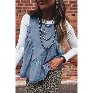 Women's Denim Pleated Patchwork Sleeveless Tank Top