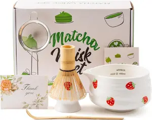 5 count  Matcha Set,Ceramic Bowl with Spout and  Whisk set, Ceremonical Matcha Kit for breakfast/latte, Starter Making Kit, Matcha  set (strawberry)