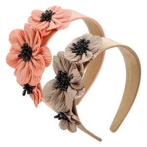 Flower Beaded Headband for Women Handmade Pleated Fabric Hair Band with Beads Center Elegant Wide Brim Hair Accessory for Party Daily Wedding | Women's Day Gift