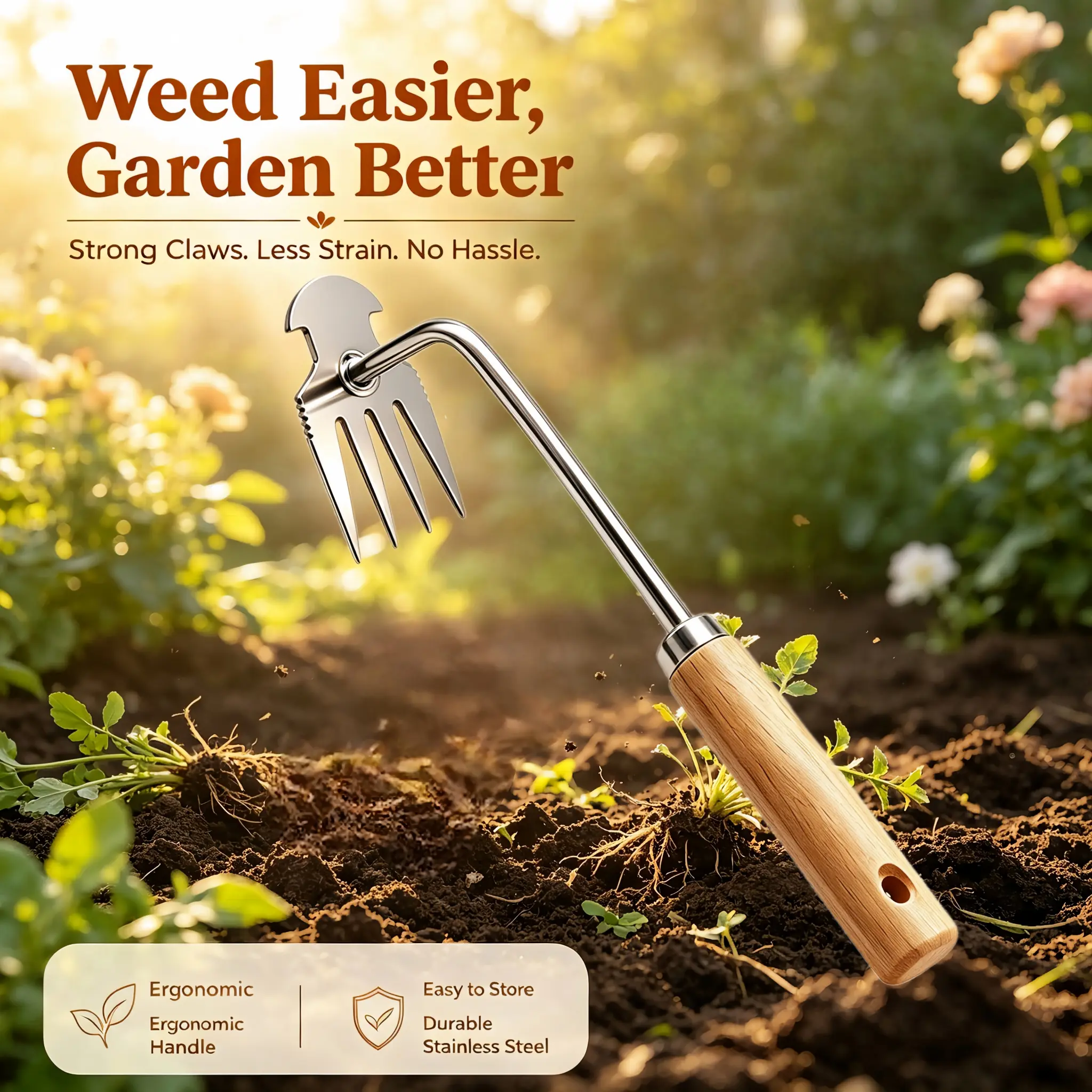 10" Stainless Steel Handheld Weeding Rake - Ergonomic Handle, Hook Teeth, Lawn Cultivating & Flower Bed Maintenance Weeding Tool, Practical Gift for Gardening Enthusiasts