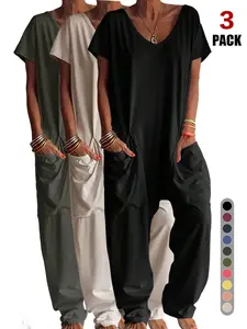 Womens Casual Everyday Short Sleeve Jumpsuits V Neck Baggy Romper Strechy Comfy Wide Leg Jumpsuit with Pockets