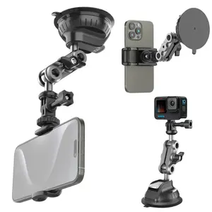2 in 1 Camera Phone Suction Cup Mount for Car, Windshield Dash Cam Phone Holder Stand Bracket 1/4" Quick Release, Car Mount Adapter for GPS Driving DVR Action Camera Camcorder Video Record POV/VLOG Compatible with Gopro Hero Insta360 and 4.7-7 inch Phone