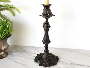 Antique Bronze Patina Ornate Botanical Candlestick Holder 12" Inches