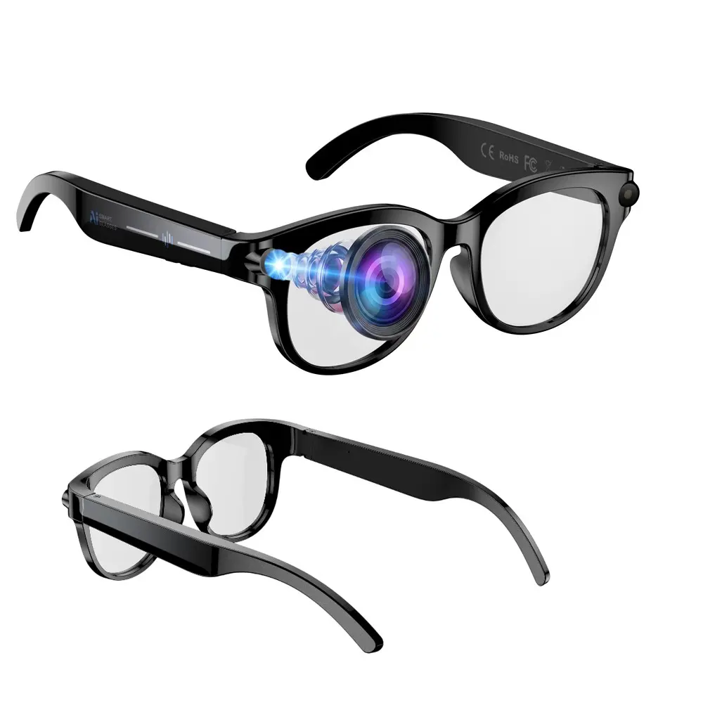 Smart Glasses with Video Recording, 2MP Anti-Shake Camera, 2 Lenses Total(Transparent Lenses +White Lenses), Sports Smart Glasses, Smart Translation Glasses, Bluetooth Calling, AI Real-Time Translate, Magnetic Charging, 39G Lightweight for Men Women