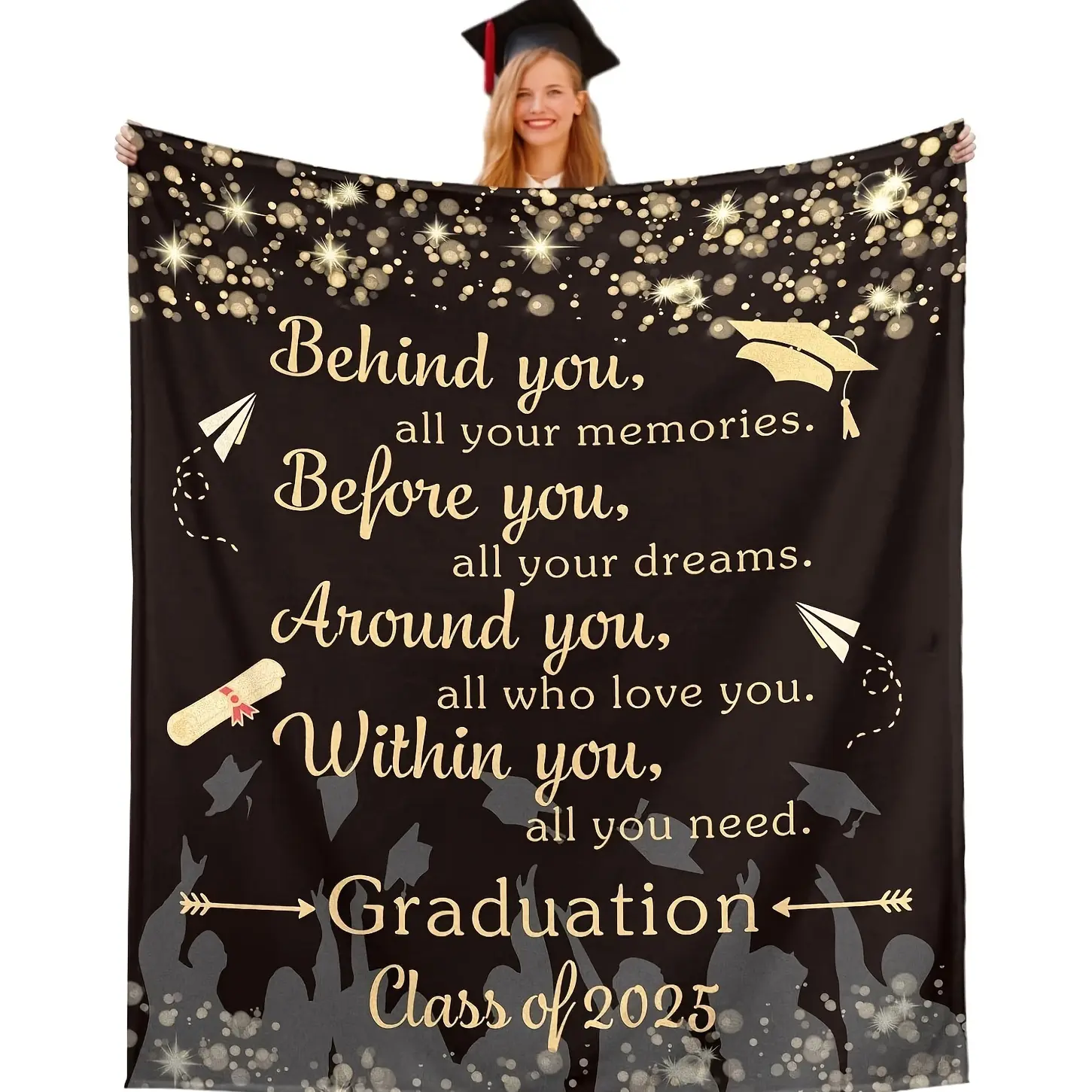 Graduation Flannel Blanket - Diploma & Cap All-Over Print, 280gsm Softness, Anti-Pilling Durable, Machine Washable All-Seasons Bedspread, 30*40inch/40*50inch/50*60inch, Home Decor Gift, Couch Throws Blanket