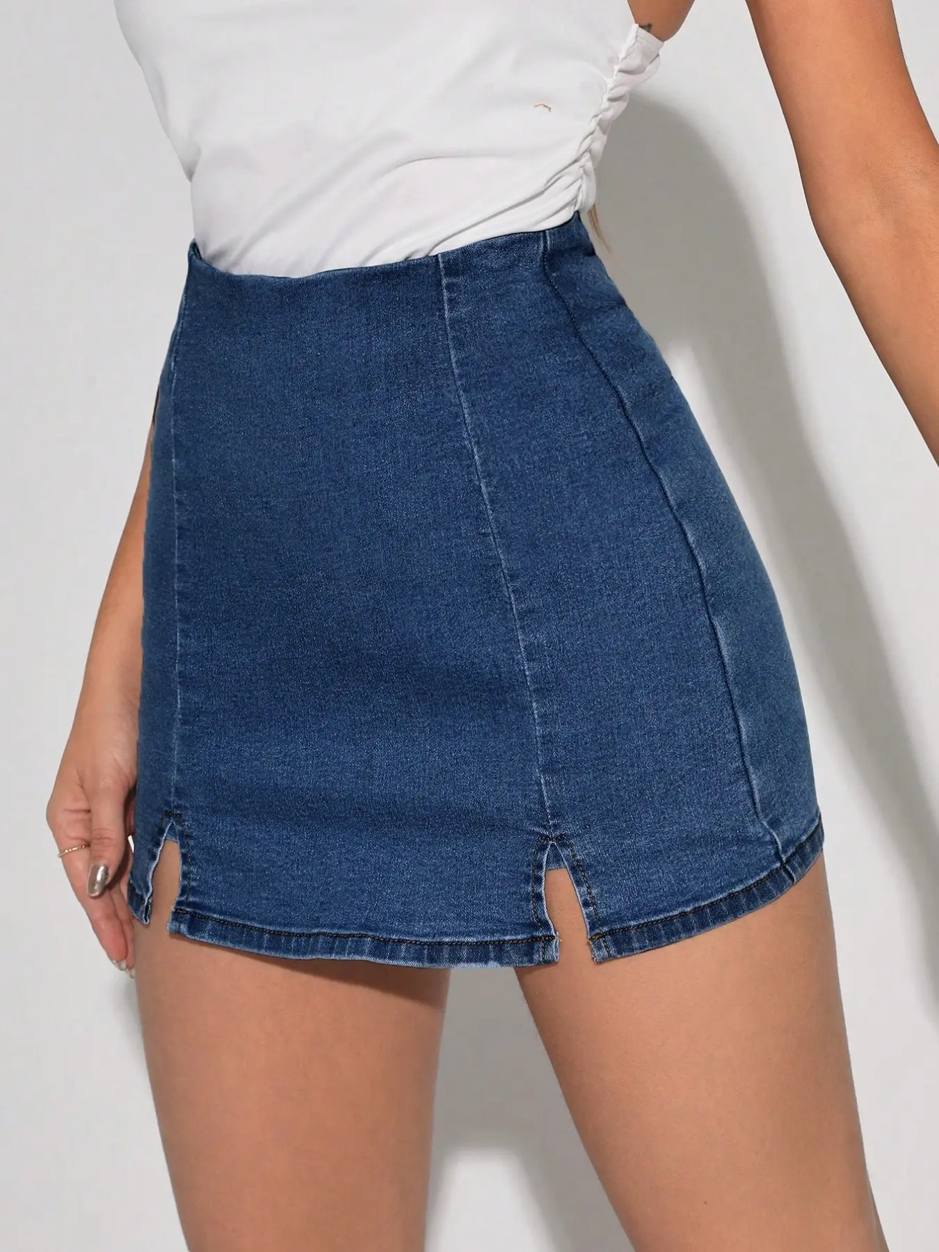 Tall Girl High Waist Black Denim Skort, Extended Length Double Slit, Women's Wear Everyday Fit