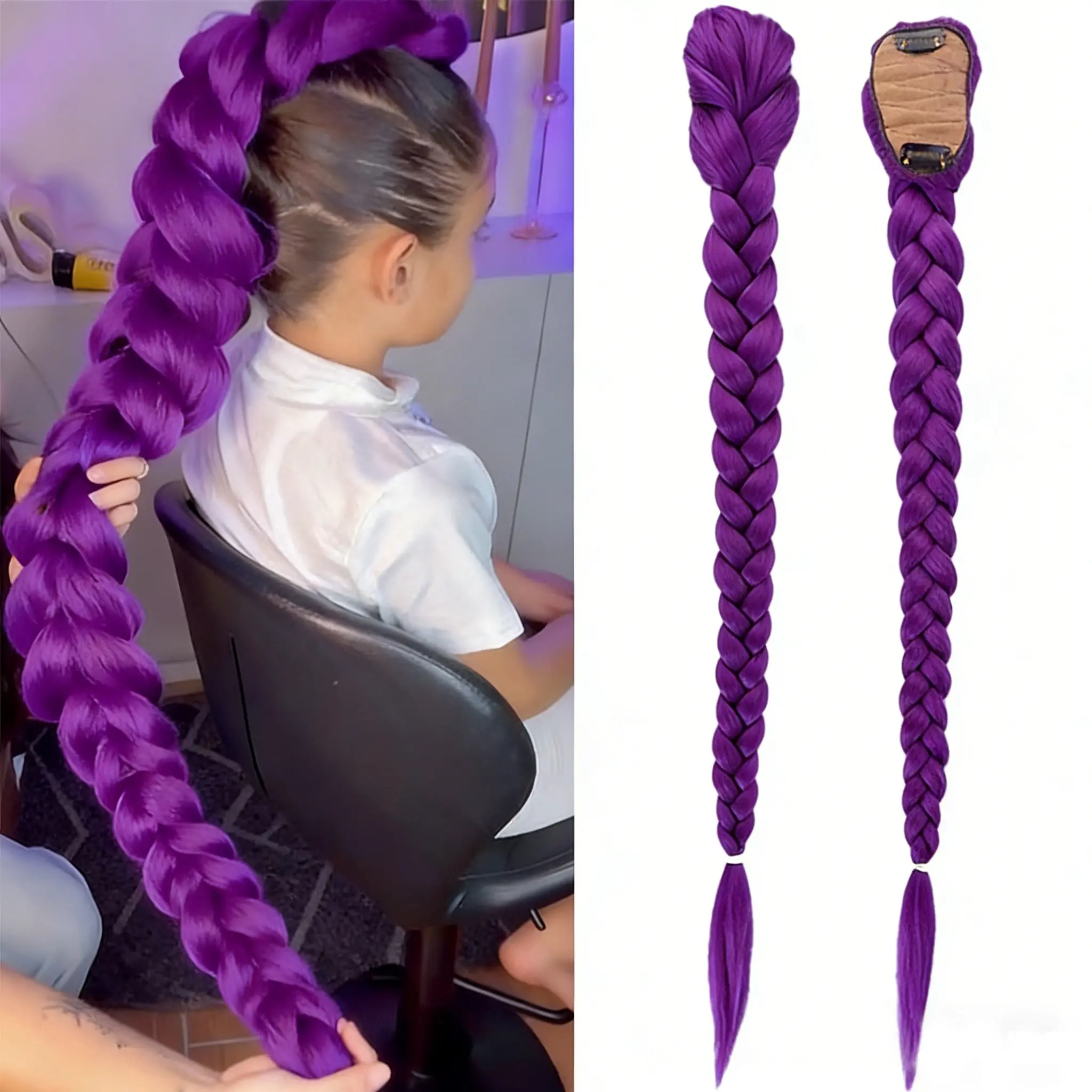 K-Pop Girl Group Role Play Fun Wig, 26 Inch Braided Wig for Kids, Artificial Wig, Long Yaki Straight Hair, Heat Resistant Puff Ponytail Hairstyle, Synthetic Material Wigs