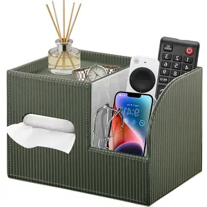 Modern PU Leather Cube Tissue Box Cover with Storage Tray, Multifunctional Remote Control Holder & Facial Tissue Dispenser Organizer for Nightstand, Bathroom, Bedroom, Office & Home Decor
