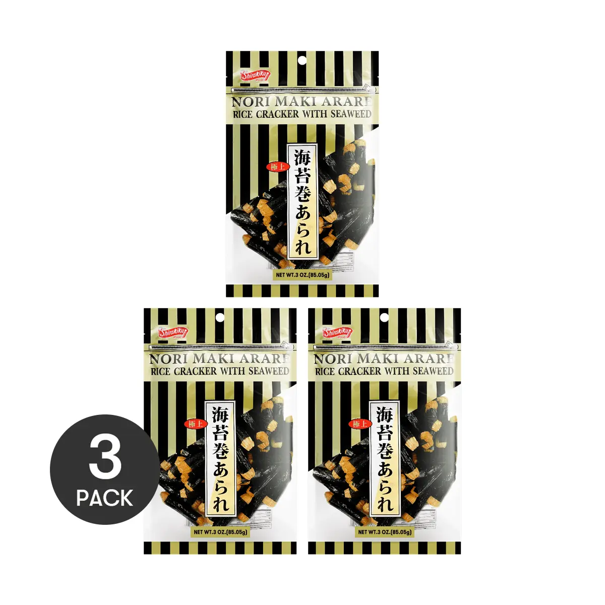 SHIRAKIKU Japanese Seaweed Rice Snacks - 3 Pack, 85g Each - Crispy & Delicious
