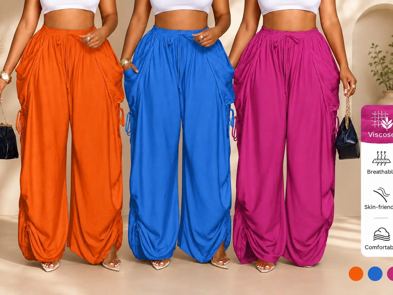 Women's High-Rise Wide Leg Casual Pants - Plain Woven Fabric, Adjustable Side Drawstring, Comfortable Daily Wear | Womenswear