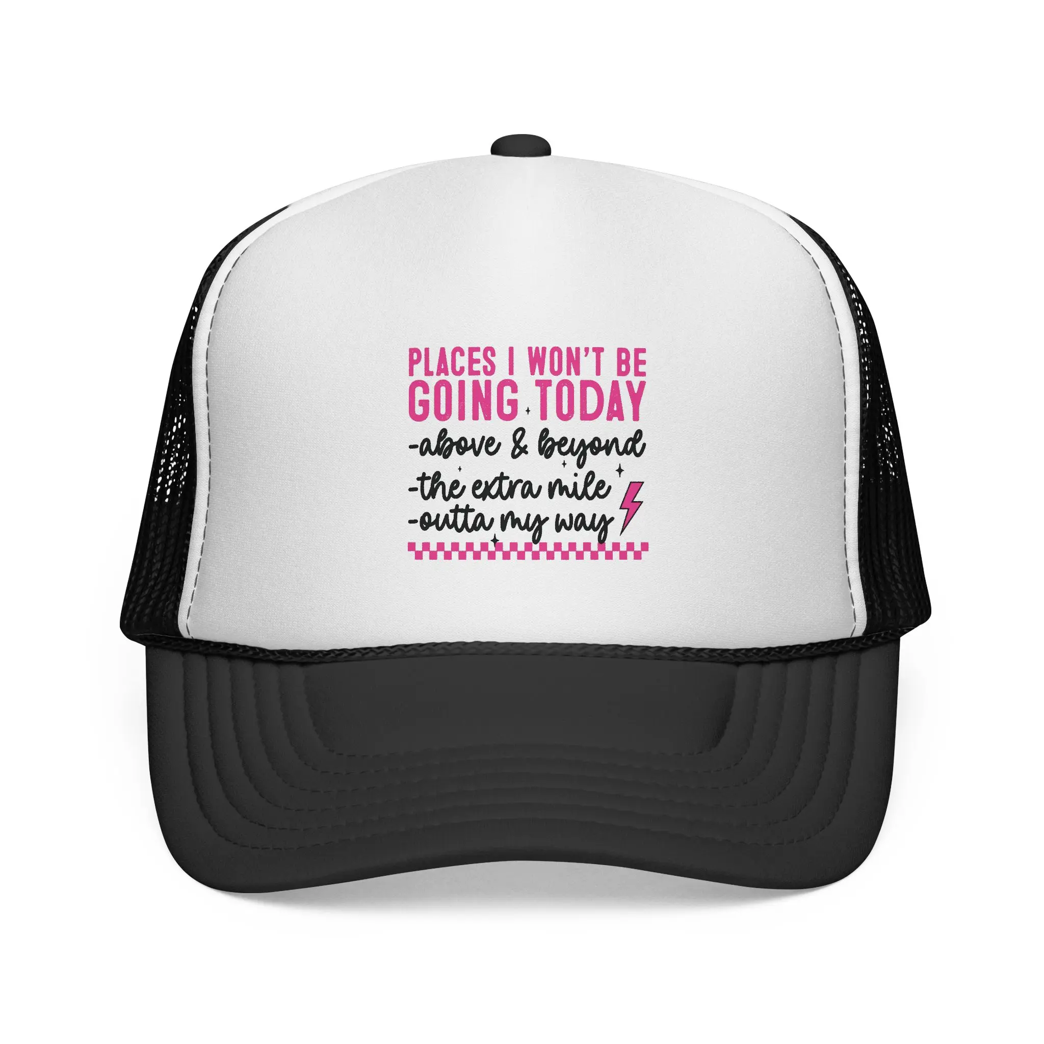 "Places I Won't Be Going Today" Trendy Trucker Cap - Screen Printing Full-Art Graphic Multicolor Dad Vibes Funny Quote Hat, Trendy Trucker Hat, Graphic Multicolor Hats