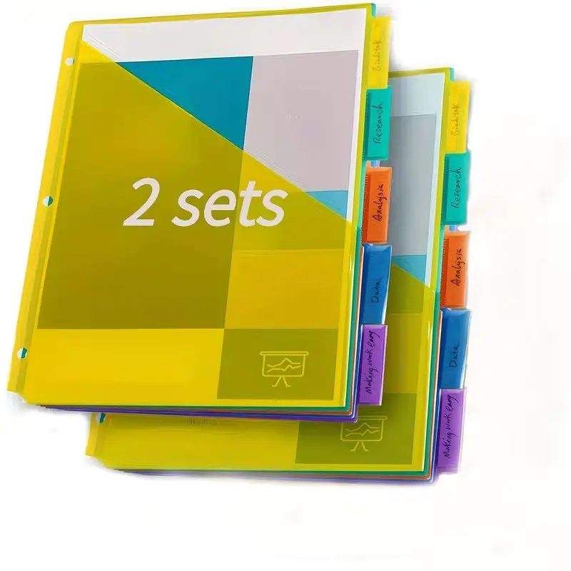 2 Sets of 10 Bright Plastic Dividers with Front Pocket, Durable PP Material, Letter Size, Multi-Color, Ideal for Students and Professionals