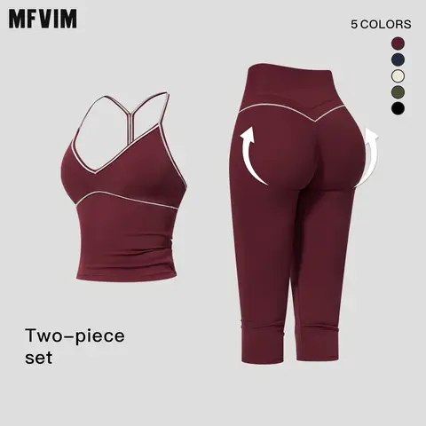 MFVIM Women's 2-Piece V-Neck Yoga Set - Color-Block Piping, Y-Shaped Back Long Camisole Top, High-Waisted Peach-Lift 3-Quarter Length Shorts, Nude-Feel Gym Workout Apparel, Back to School Haul, 2 Piece Sets