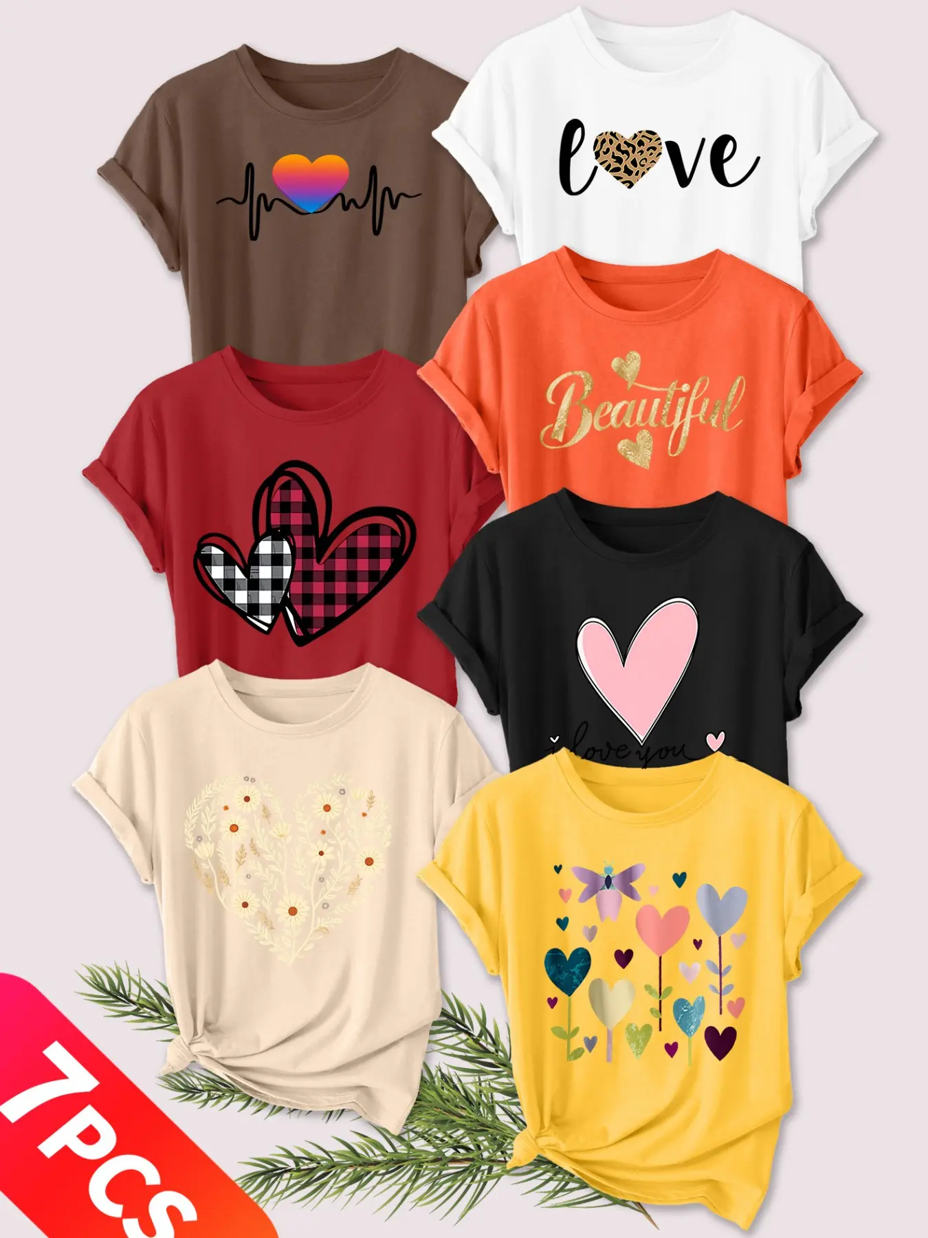 Women's 7-Pack Casual Crew Neck Round Neck Print T-Shirts, Graphic Shirt, Rainbow Heartbeat, Leopard LOVE, Multiple Colors Available, Machine Washable, Spring & Summer Top, Soft Skin-Friendly Fabric, Daily Versatile, Womenswear