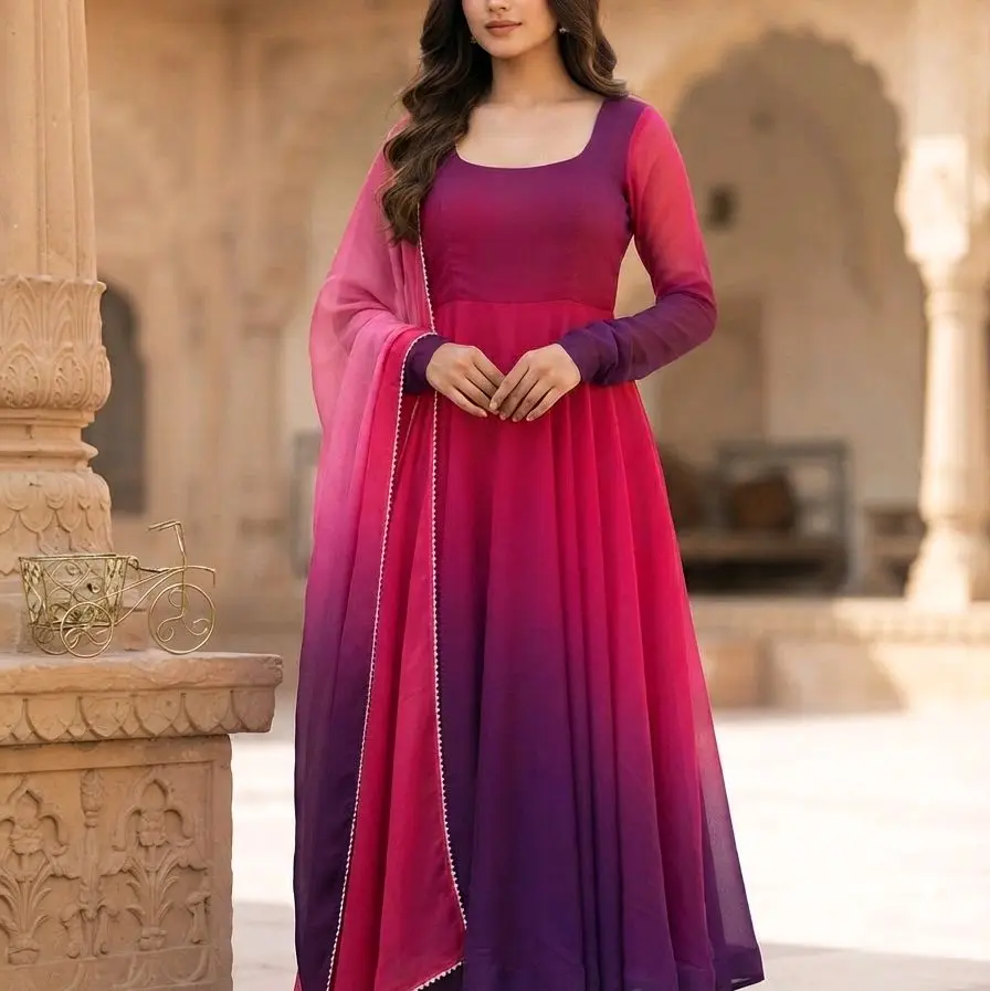 Women's Ombre Georgette Anarkali Suit with Dupatta and Pant Set
