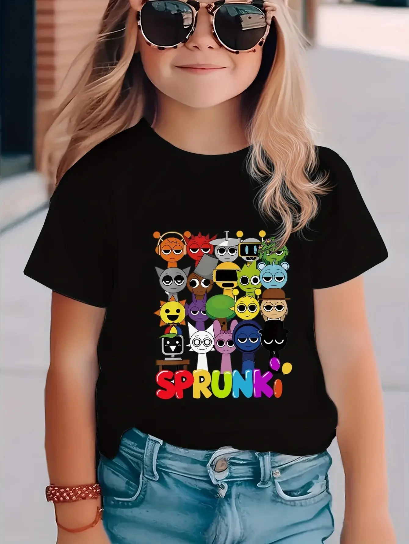Girls' Sprunki Beats Team Game T-Shirt - Breathable, Moisture-Wicking Crew Neck Short Sleeve Tee with Fun Cartoon Characters, Perfect for Casual Streetwear, Summer Fashion for Boys and Teens Over 3 Years Old, Casual Summer Wear | Playful Graphic Tee