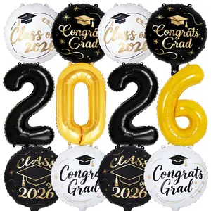 PartyWoo Graduation Balloons Class of 2026 Black White Gold 12pcs Balloons 40 Inch 2026 Foil Number Balloons 18 Inch Congrats Grad Mylar Balloons for Black White Graduation Decorations Party Supplies