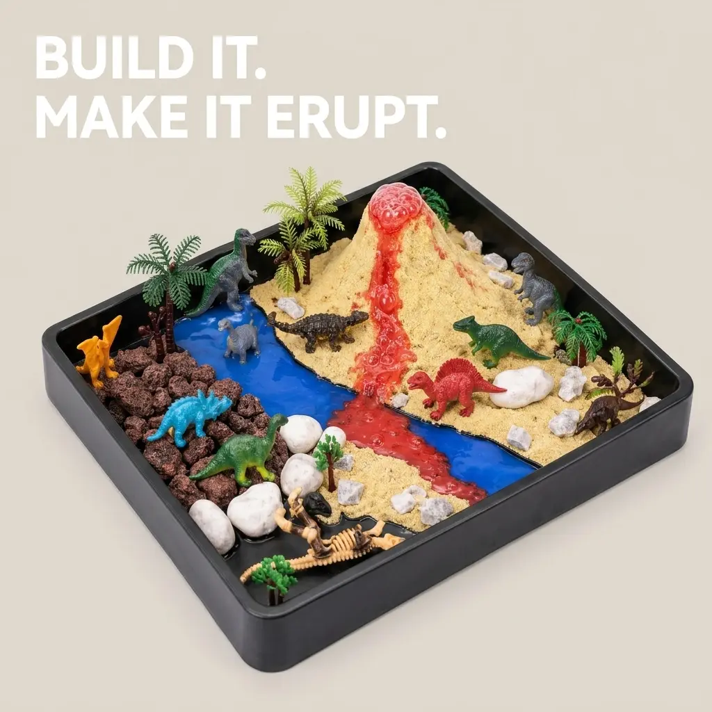 Dinosaur Habitat Volcano Kit, DIY Dinosaur Sandbox with Bubbling Eruption, Slime River, Figures, Trees and Rocks, Hands-On Activity Set for Family Craft Time and Gifts