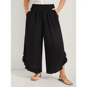 【Summer Turn-Up】【Wide Leg】BlOOMCHIC Plus Size Ruffled Curvy Hem Wide-Leg Pants Black Fitted Style Minimalist Wear Resort Vacation Rayon Bottom Pocket Trouser Minimalist Travel Slacks Casual Comfy Baggy [M-6X] 2026 Summer Pick for Mother's Day