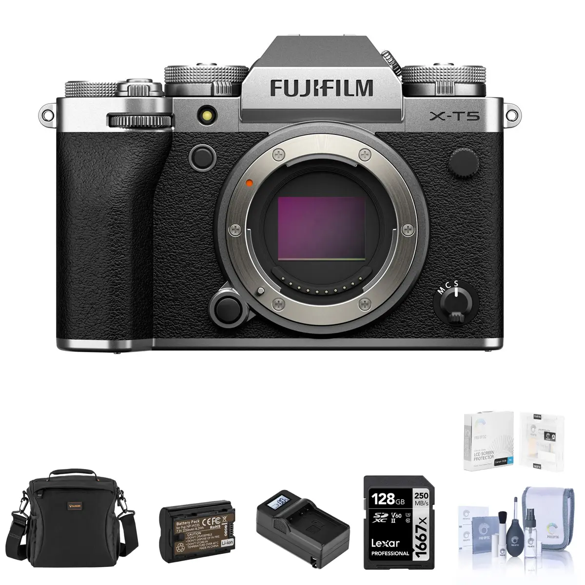 Fujifilm X-T5 Silver Mirrorless Camera Bundle with 128GB SD Card, 3" LCD, Shoulder Bag, Extra Battery, Charger, Screen Protector, Cleaning Kit