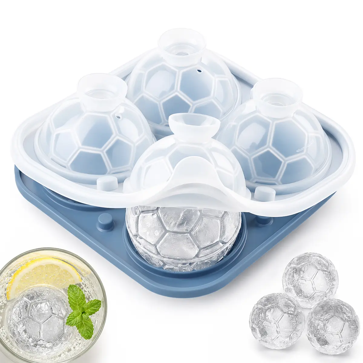 Soccer Ball Ice Cube Mold, 4 Large Ice Ball Maker with Lid, Easy Release Silicone Ice Tray for Whiskey, Cocktails, Soda, Game Day Drinks, Parties & BBQs
