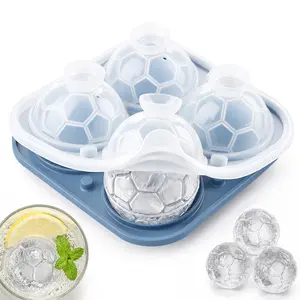 Soccer Ball Ice Cube Mold, 4 Large Ice Ball Maker with Lid, Easy Release Silicone Ice Tray for Whiskey, Cocktails, Soda, Game Day Drinks, Parties & BBQs