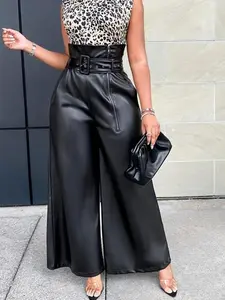 Women's Solid Belted Pocket Zipper Fly Wide Leg PU Leather Pants, Elegant High Waist Trousers for Party Club Dating, Ladies Bottoms for Fall & WinterGift