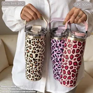 900ML Stainless Steel Insulated Cup, Thermos Coffee Mug, Portable, Leopard Pattern, Dual Layer, Vacuum Bottle, Outdoor, Office, Home, Travel, Gift Ideas