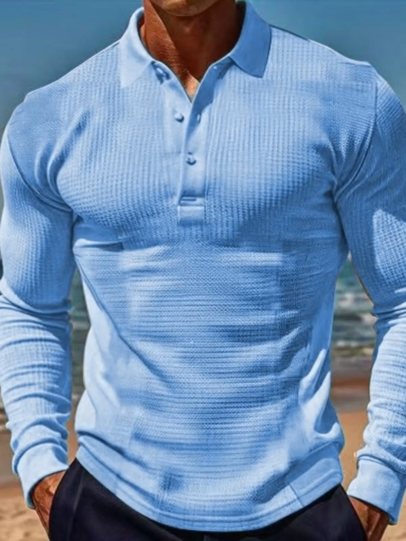 Men's Fall Winter Casual Fitted Polo Shirt, Waffle Knit Long Sleeve, Collar Design, Comfortable Texture, Suitable for Daily Wear & Outdoor Sports, Knit Tops