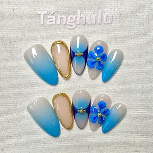 Tanghulu Nails-CELESTIAL TEAL Collection/Almond /Medium/ 21mm/ 100% Handmade Press On Nails