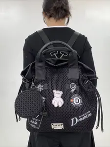 Ladies' bucket shaped casual large capacity mesh backpack, Traveler essentials Trendy Backpack, multifunctional bag, Lightweight casual daypack, drawstring design, Y2K retro street style city bag, suitable for daily use and commuting