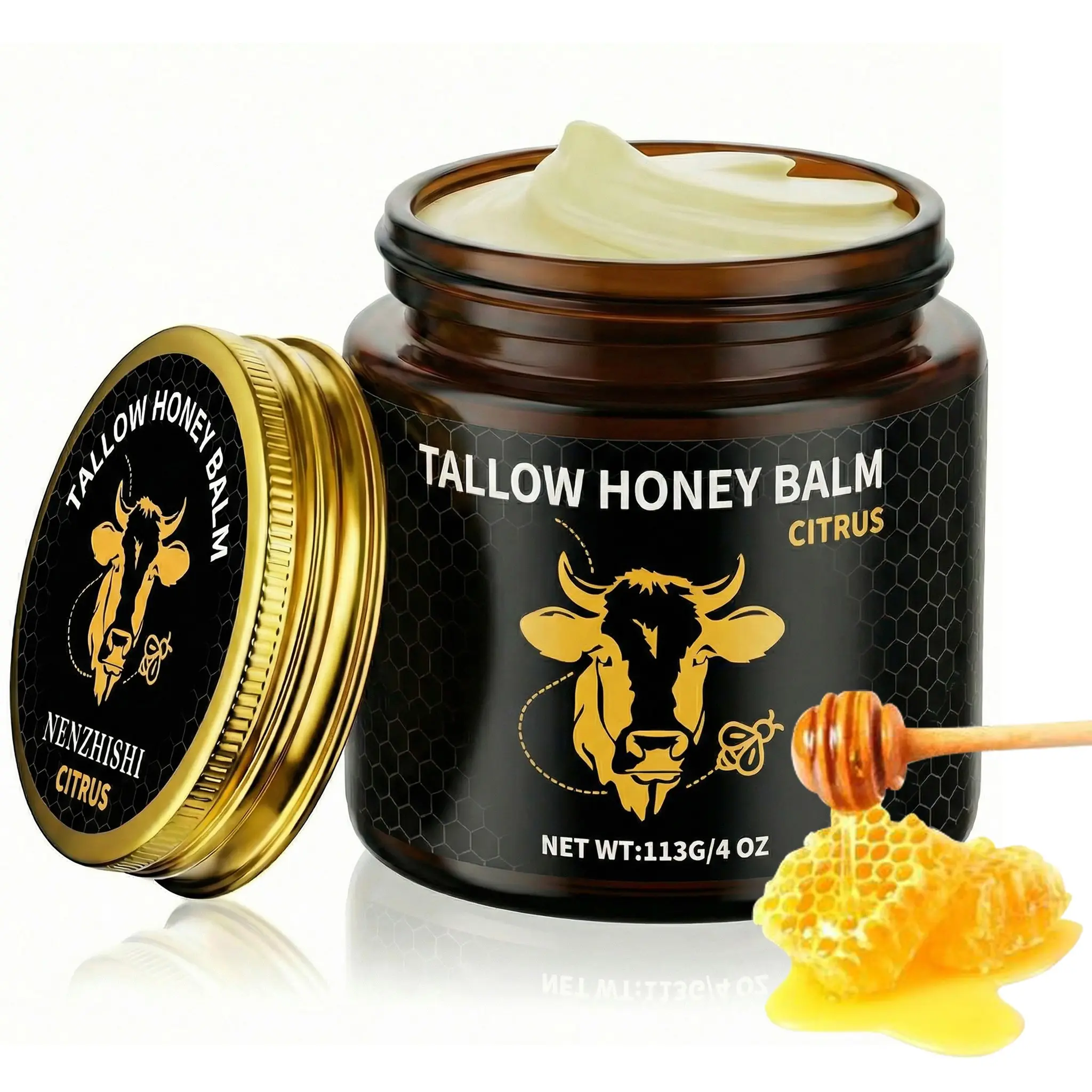 Nenzhishi Organic Grass-Fed Beef Tallow Balm with Raw Honey and Shea - Handmade Deep Moisturizing Nourishing All-Moisturizing Hydrating Cream Moisturizer for Soft, Smooth Skin