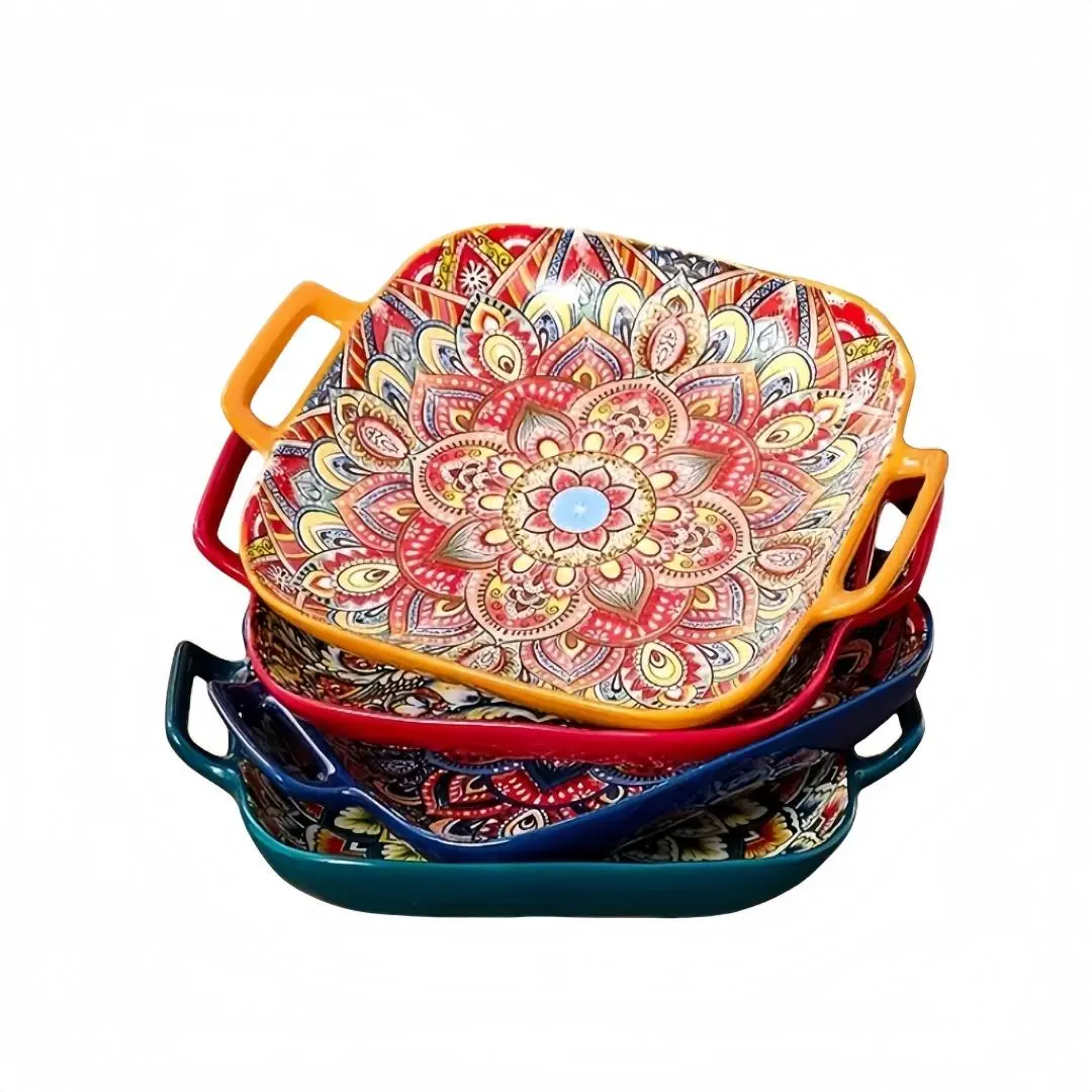 Floral Pattern Ceramic Plate Set, Colorful Serving Plates with Handles, Household Tableware for Kitchen and Dining Room, Dinner Plates, Bohemian Style Tableware