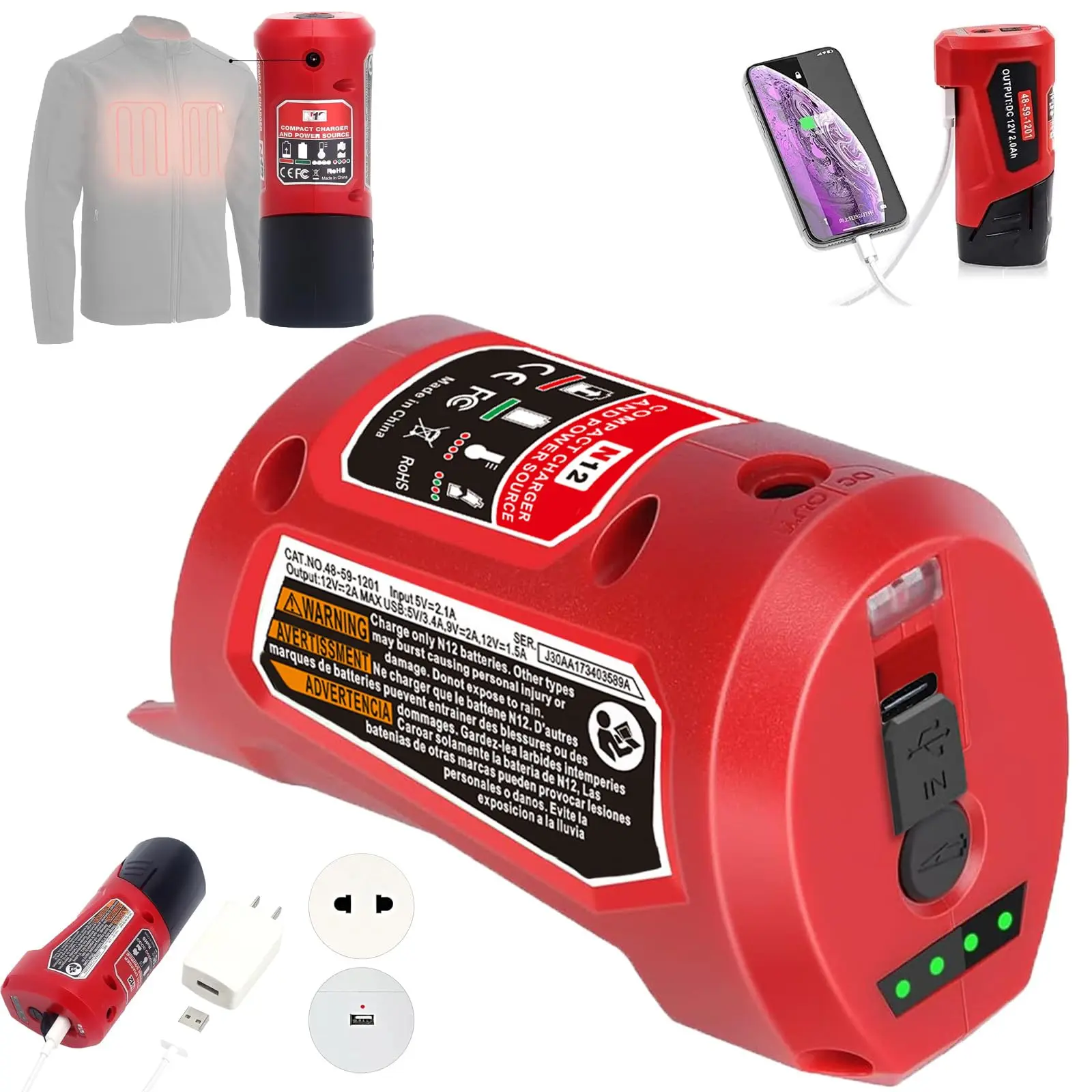 M12 Battery Charger with type-c Port & DC 12V Outlet,Battery Adapter for Milwaukee Heated Jacket lithium battery compatible milwaukee tools