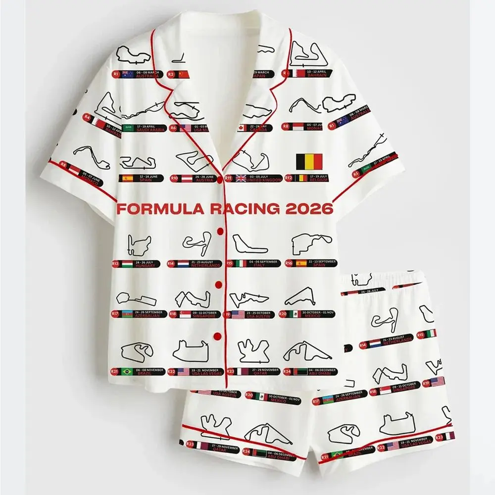 Formula Racing 2026 Track Calendar Print Satin Short Pajama Set - Women's F1 Enthusiast Sleepwear, Pajama Gifts for Her, Shorts & Pants | Custom Gift for Her | Bridesmaid Pajamas | Custom Jersey PJS