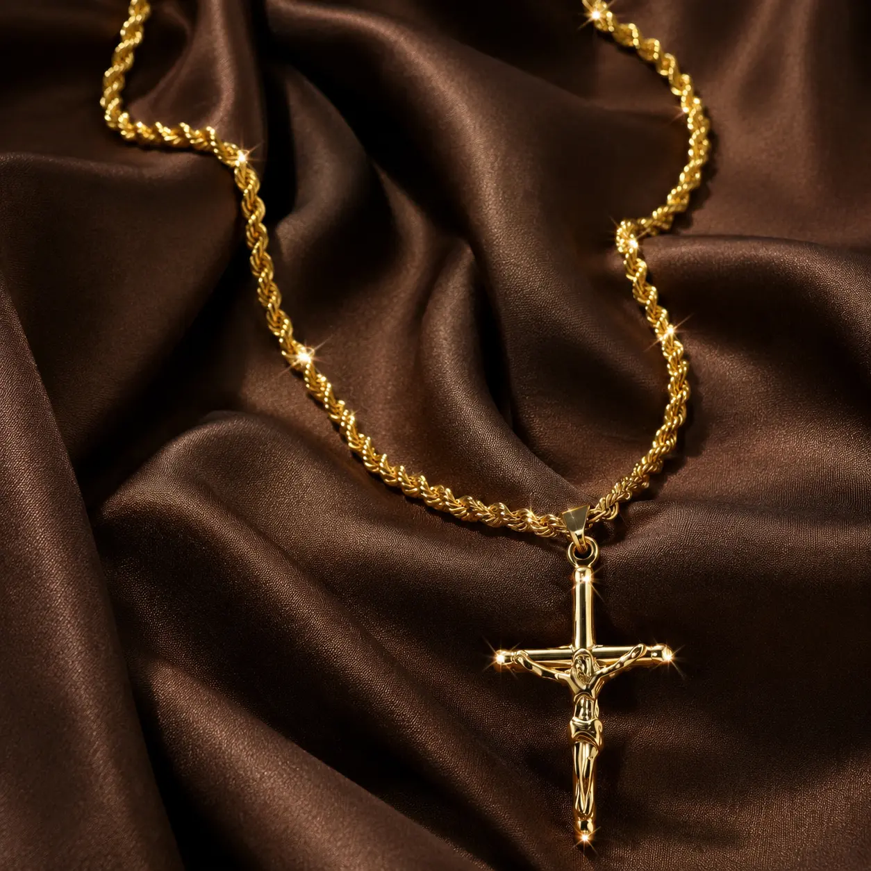 18K Gold Plated Crucifix Cross Necklace - Stainless Steel Chain, Christian Religious Faith Jewelry, Gift for Men