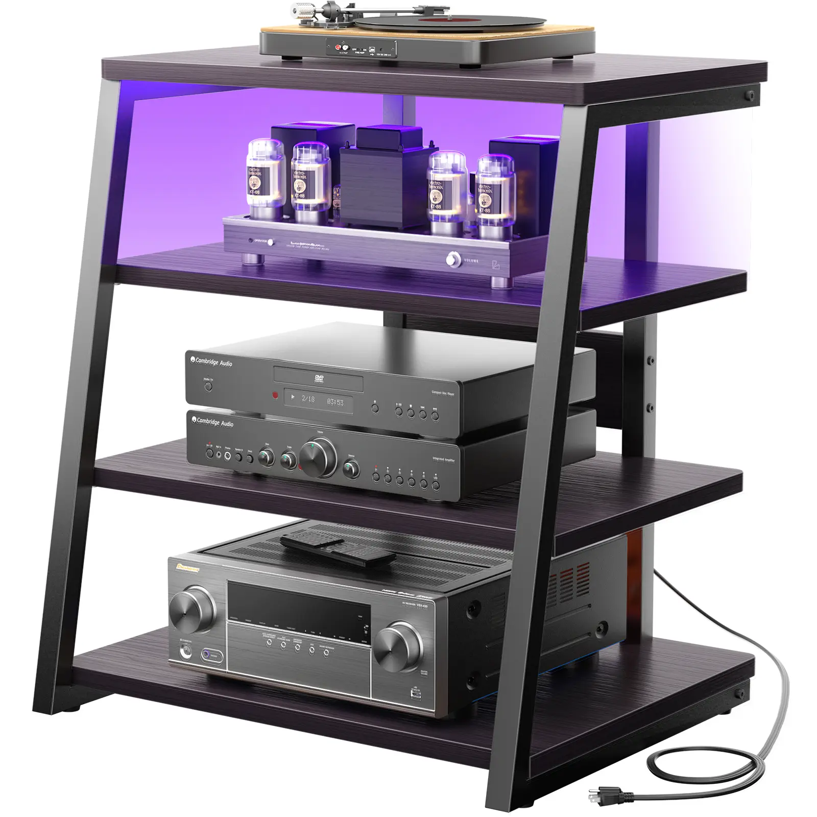 Cyclysio Sturdy 4-Tier MDF+Metal Corner TV Console Table - Corner Shelf TV Stand & Multimedia Centre with Built-in Power Outlets, LED Lights, Adjustable Shelves for Indoor AV Media Audio Storage