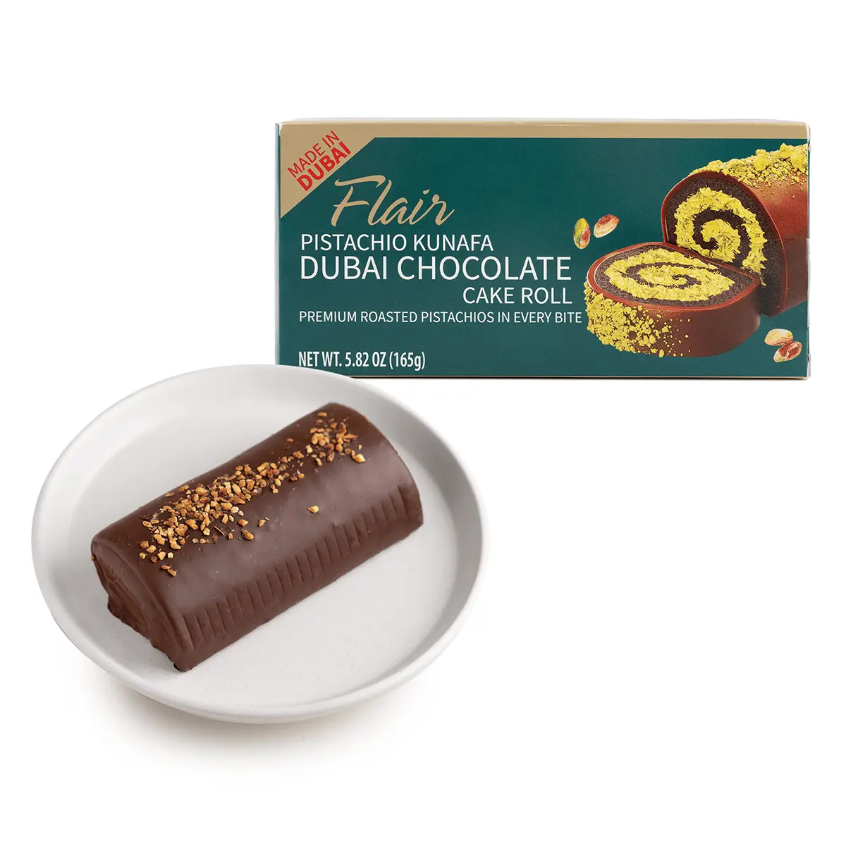 Flair Crunchy Sweet Pistachio Kunafa Chocolate Cake Roll - Dubai-Made Flavor Baked Snack Cake, Convenient Gourmet Treat (165g), Dubai Chocolate