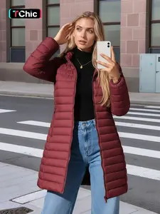 Women's Mid-Length pufferHooded Jacket with Zipper Pockets, Casual Plain Woven Fabric Coat for Fall & Winter Outdoor Commuting